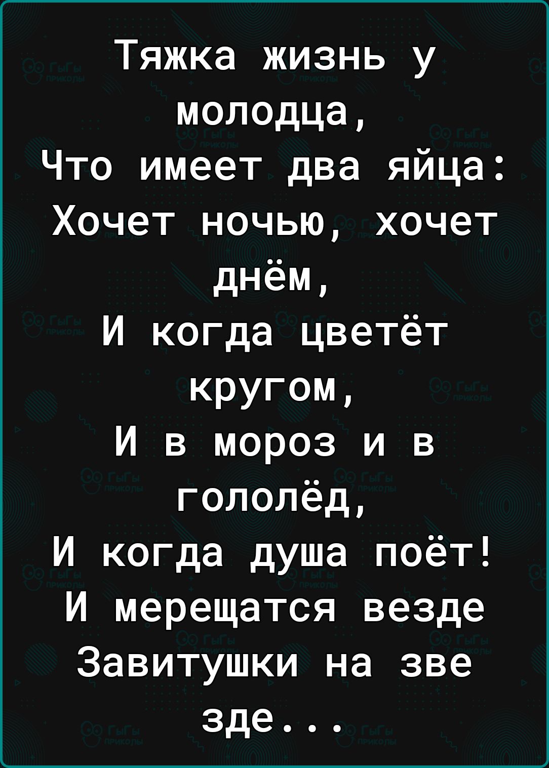 Тяжка жизнь у молодца Что имеет два яйца Хочет ночью хочет днём И когда цветёт кругом И в мороз и в гололёд И когда душа поёт И мерещатся везде Завитушки на зве зде