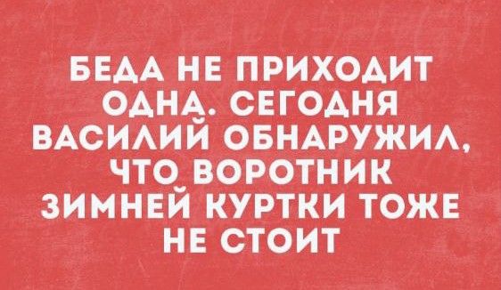 БЕАА НЕ ПРИХОАИТ ОАНА СЕГОАНЯ ВАСИАИЙ ОБНАРУЖИА ЧТО БОРОТНИК ЗИМНЕЙ КУРТКИ тож Е НЕ СТОИТ