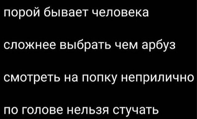 порой бывает человека сложнее выбрать чем арбуз смотреть на попку неприлично ПО ГОЛОВЕ НЕЛЬЗЯ СТУЧЭТЬ