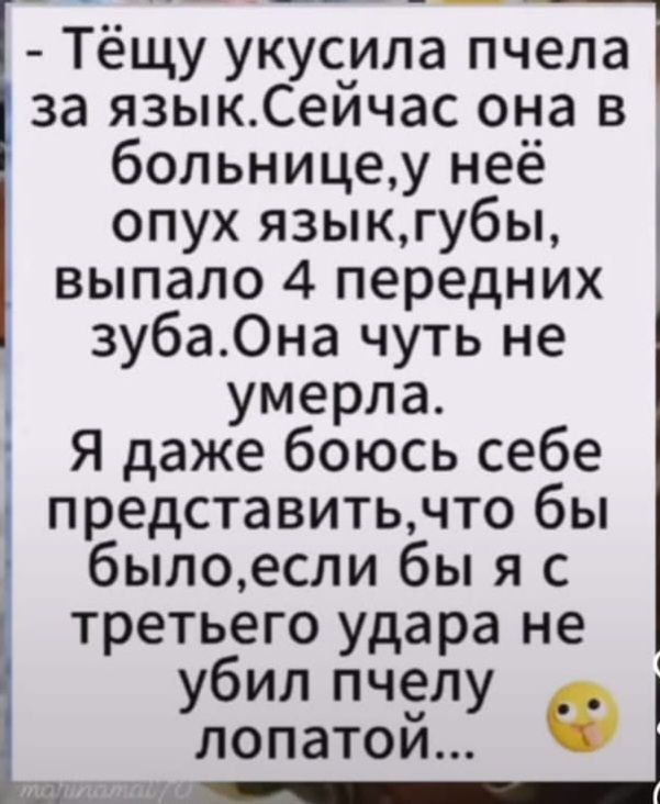 ___ Ё Тёщу укусила пчела за языкСейчас она в больницеу неё опух языкгубы выпало 4 передних зуба0на чуть не умерла Я даже боюсь себе представитьчто бы былоесли бы я с третьего удара не убил пчелу лопатои