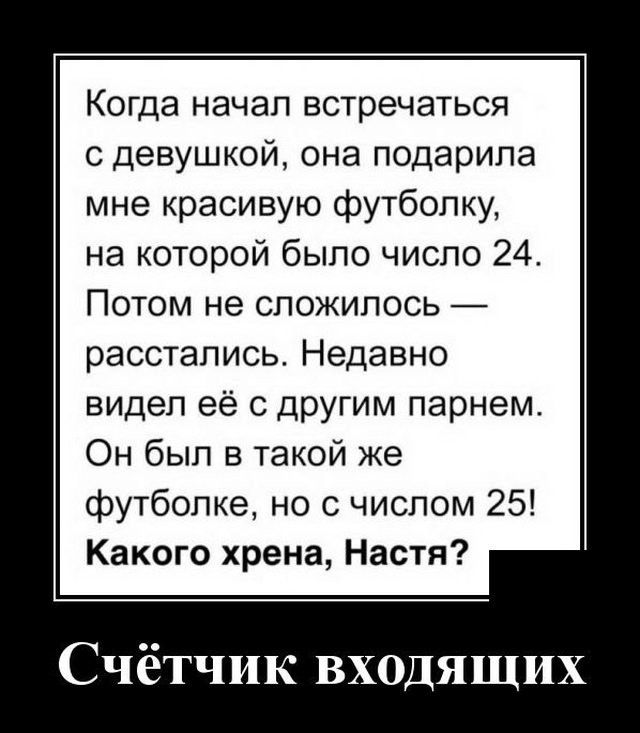 КОГДЭ начал встречаться с девушкой она подарила мне красивую футболку на которой было число 24 Потом не сложилось расстались Недавно видел её с другим парнем Он был в такой же футболке но с числом 25 Какого хрена Настя Счётчик входящих