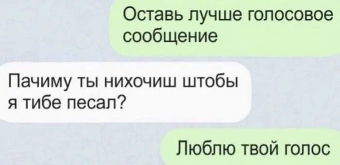 Оставь лучше голосовое сообщение Пачиму ты нихониш штобы я тибе песап Люблю твой голос