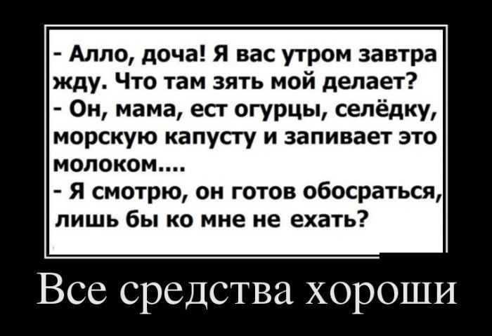 Алло доча Я вас утром завтра жду Что там зять мой делает Он мама ест огурцы селёдку морскую капусту и запивает это молоком Я смотрю он готов обосраться лишь бы ко мне не ехать Все средства хороши