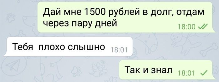 Дай мне 1500 рублей в долг отдам через ПЕРУ дНЕЙ им Тебя плохо слышно Так и знал