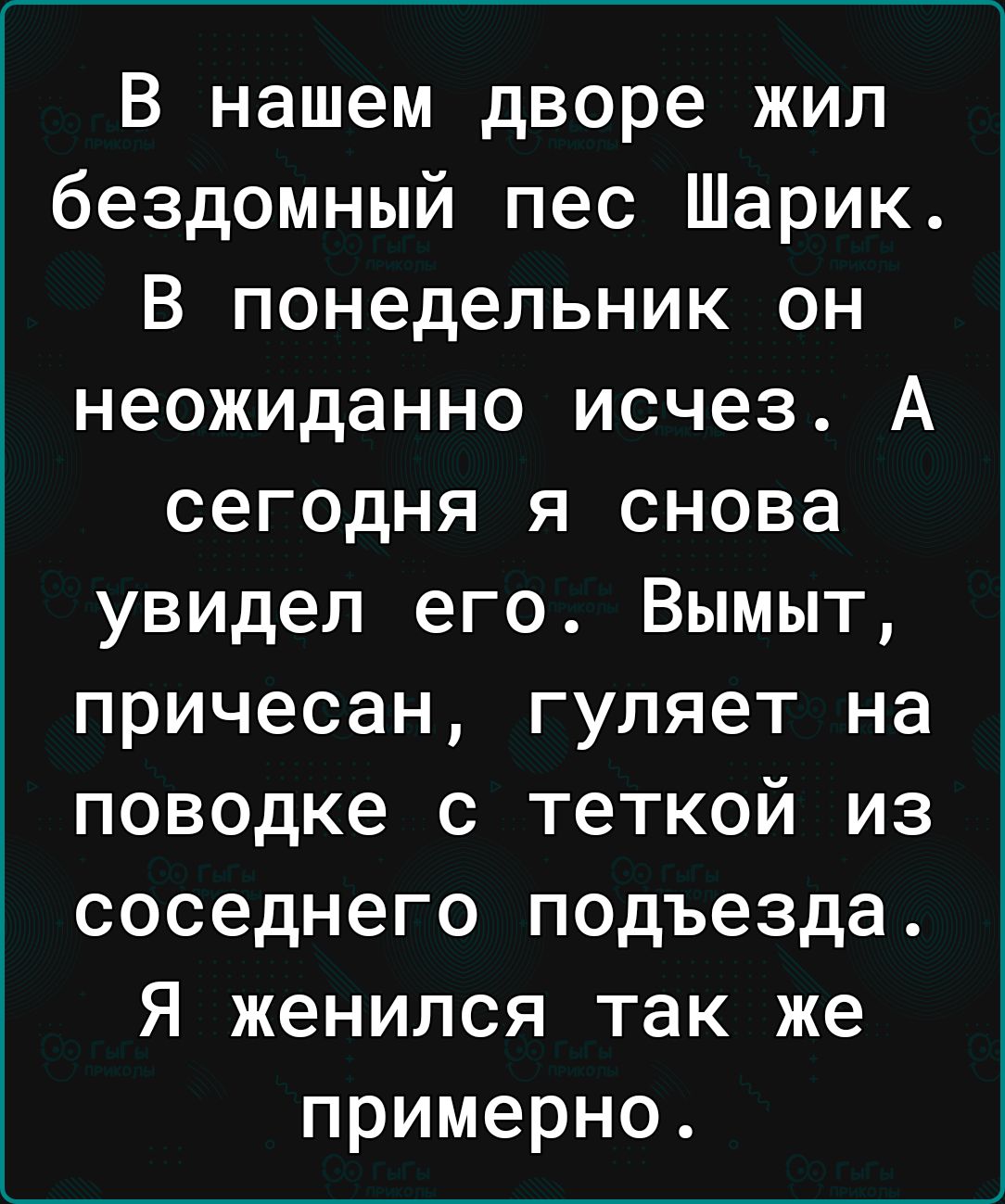 В нашем дворе жил бездомный пес Шарик В понедельник он неожиданно исчез А сегодня я снова увидел его Вымыт причесан гуляет на поводке с теткой из соседнего подъезда Я женился так же примерно