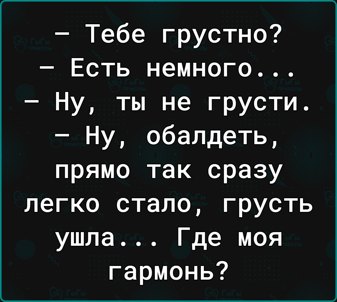 Тебе грустно Есть немного Ну ты не грусти Ну обалдеть прямо так сразу легко стало грусть ушла Где моя гармонь