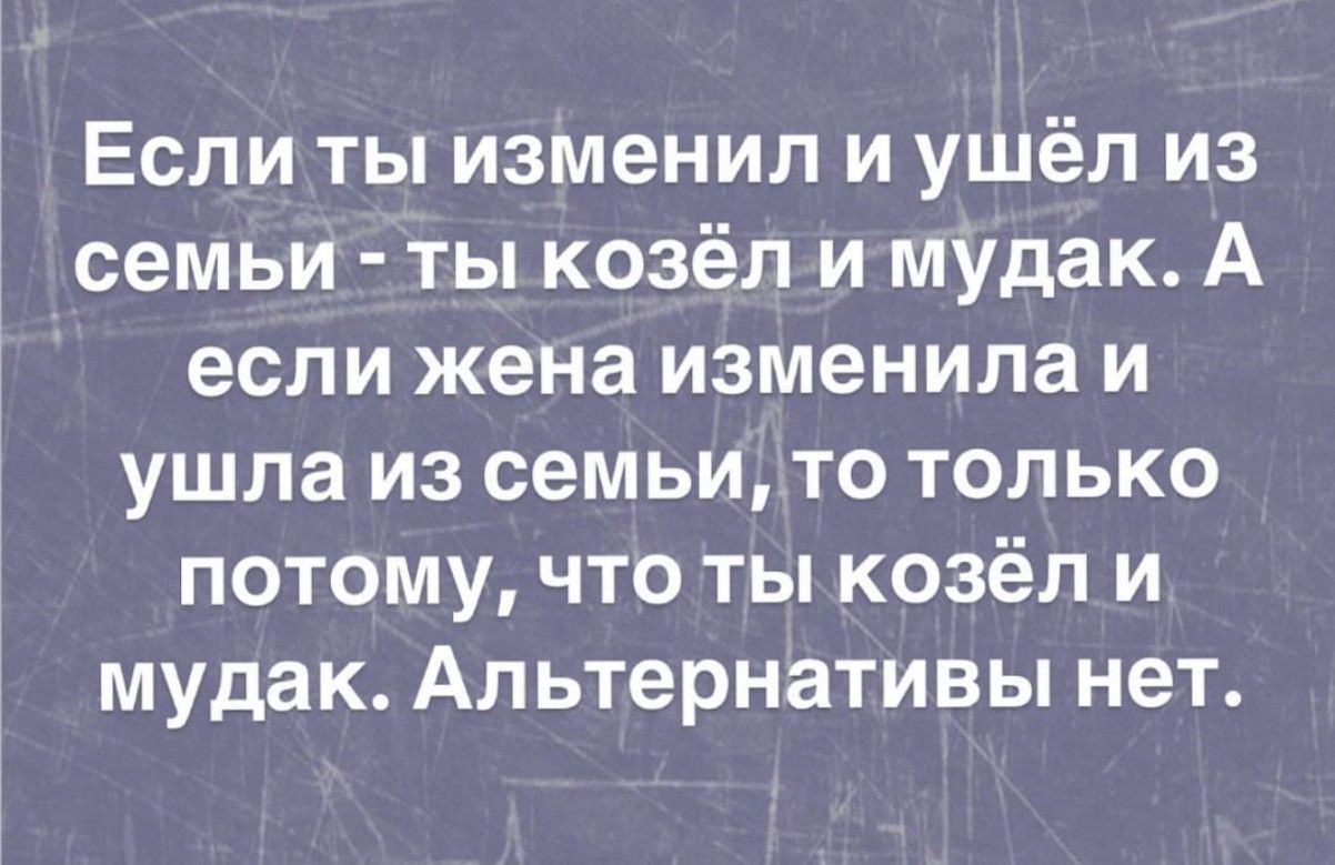 Если ты изменил и ушёл из семьи ты козёл и мудак А если жена изменила и ушла из семьито только потому что ты козёл и мудак Альтернативы нет