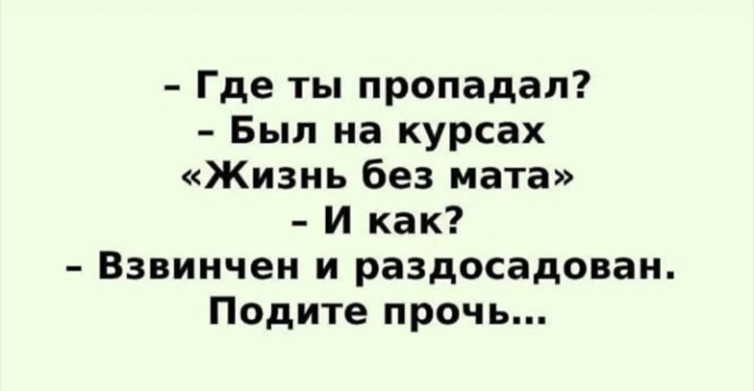 Где ты пропадал Был на курсах Жизнь без мата И как Взвинчен и раздосадован Подите прочь