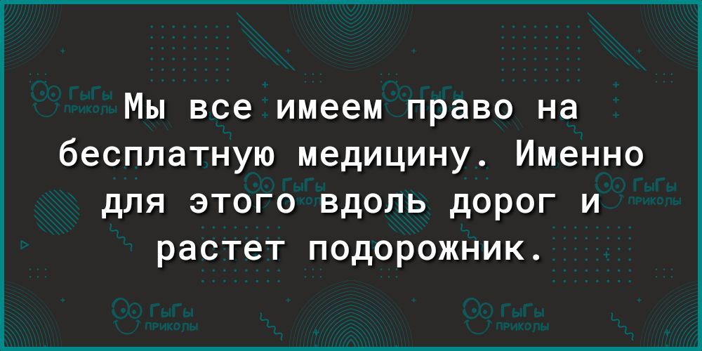Мы все имеем право на бесплатную медицину Именно для этого вдоль дорог и растет подорожник