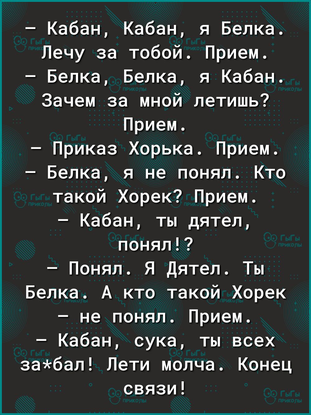 Кабан Кабан я Белка Лечу за тобой Прием Белка Белка я Кабан Зачем за мной летишь Прием Приказ Хорька Прием Белка я не понял Кто такой Хорек Прием Кабан ты дятел понял Понял Я Дятел Ты Белка А кто такой Хорек не понял Прием Кабан сука ты всех забал Лети молча Конец связи