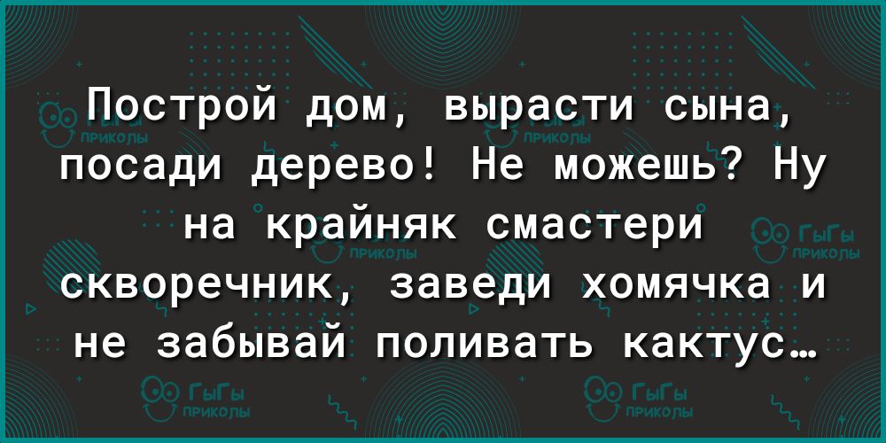 Построй дом вырасти сына посади дерево Не можешь Ну на крайняк смастери скворечник заведи хомячка и не забывай поливать кактус