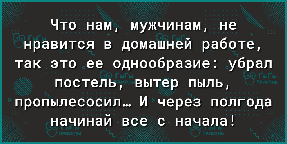 Что нам мужчинам не нравится в домашней работе так это ее однообразие убрал постель вытер пыль пропылесосил И через полгода начинай все с начала