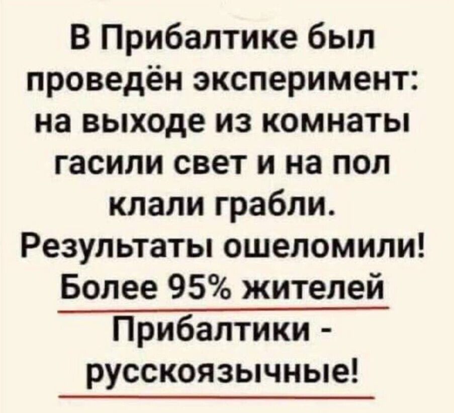 В Прибалтике был проведён эксперимент на выходе из комнаты гасили свет и на пол клали грабли Результаты ошеломили Более 95 жителей Прибалтики русскоязычные