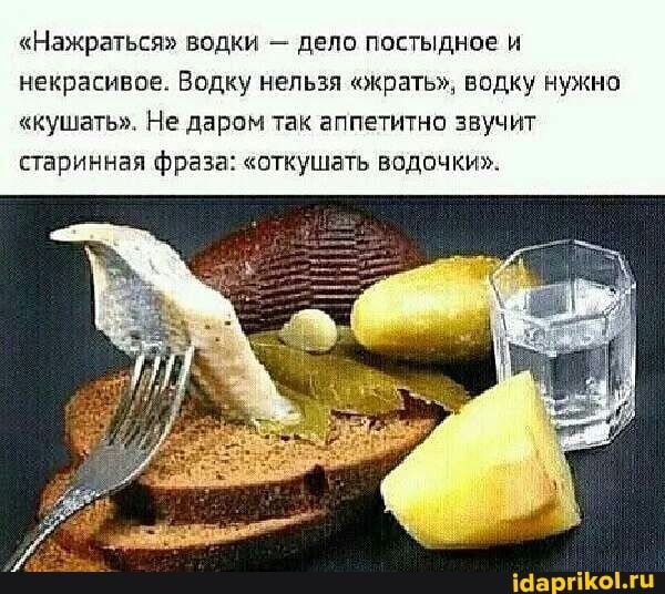 Нажраться водки дело постыдное и некрасивпе Водку нельзя кжратьж водку нужно кушать Не даром так аппетитно звучит париннап фраза птиушать водочки