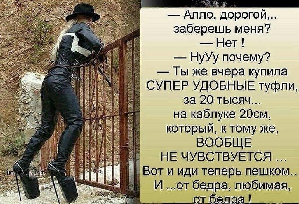 Алло дорогой заберешь меня Нет НуУу почему 7 Ты же вчера купила СУПЕР удовныв туфли за 20 тысяч на каблуке 20см который к тому же ВООБЩЕ НЕ ЧУВСТБУЕТСЯ Вот и иди теперь пешком И от бедра любимая _ _