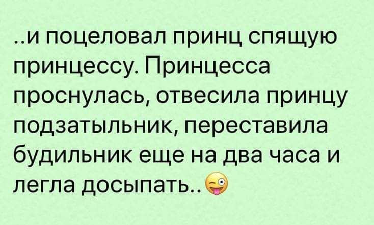и поцеловал принц спящую принцессу Принцесса проснулась отвесила принцу подзатыльник переставила будильник еще на два часа и легла досыпать