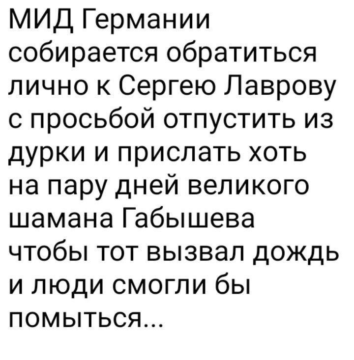 МИД Германии собирается обратиться лично к Сергею Лаврову с просьбой отпустить из дурки и прислать хоть на пару дней великого шамана Габышева чтобы тот вызвал дождь и люди смогли бы помыться