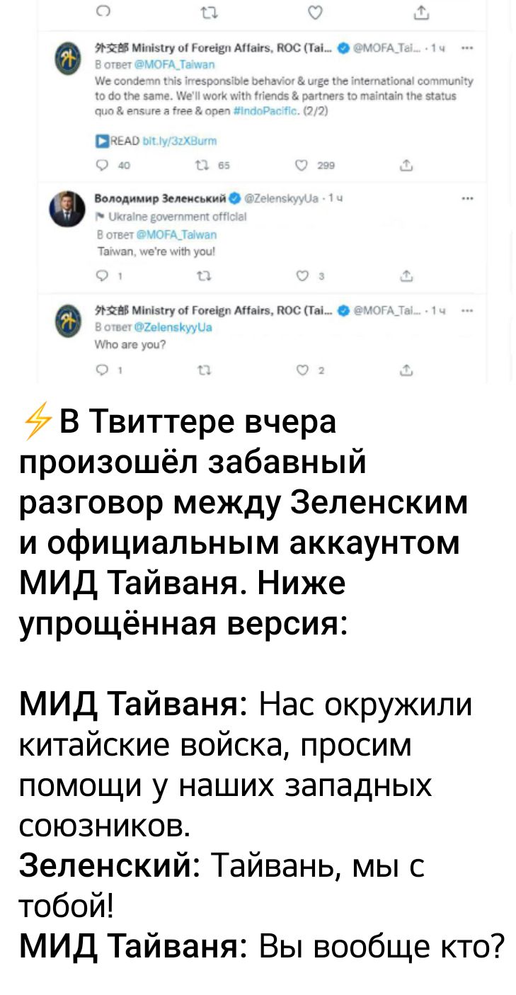 м м ш тд ми В Твиттере вчера произошёл забавный разговор между Зеленским и официальным аккаунтом МИД Тайваня Ниже упрощённая версия МИД Тайваня Нас окружили китайские войска просим помощи у наших западных союзников Зеленский Тайвань мы с тобой МИД Тайваня Вы вообще кто