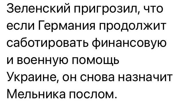 Зеленский пригрозил что если Германия продолжит саботировать финансовую и военную помощь Украине он снова назначит Мельника послом