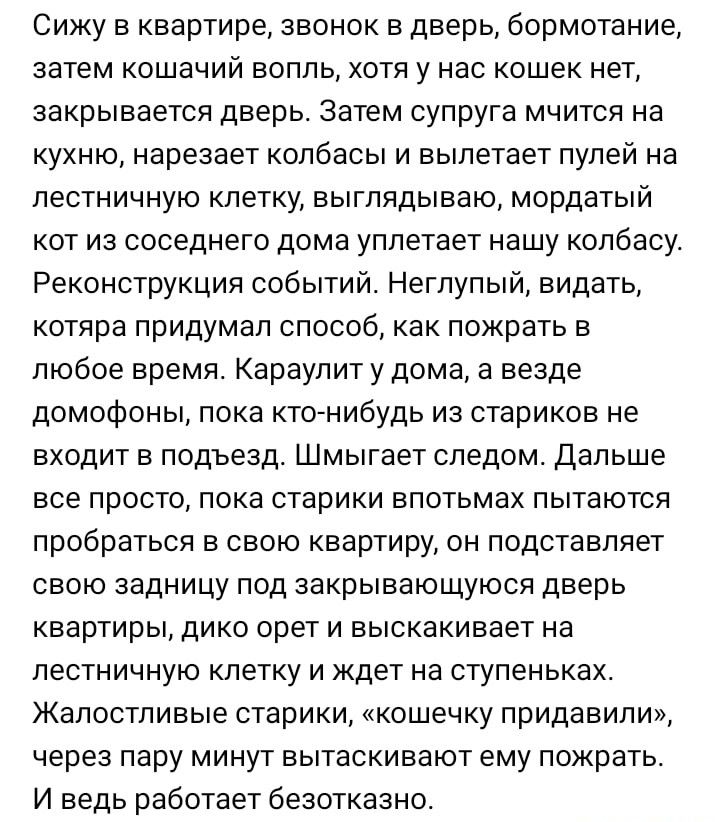 Сижу в квартире звонок в дверь бормотание затем кошачий вопль хотя у нас кошек нет закрывается дверь Затем супруга мчится на кухню нарезает колбасы и вылетает пулей на лестничную клетку выглядываю мордатый кот из соседнего дома уплетает нашу колбасу Реконструкция событий Неглупый видать котяра придумал способ как пожрать в любое время Караулит у дома а везде домофоны пока кто нибудь из стариков не