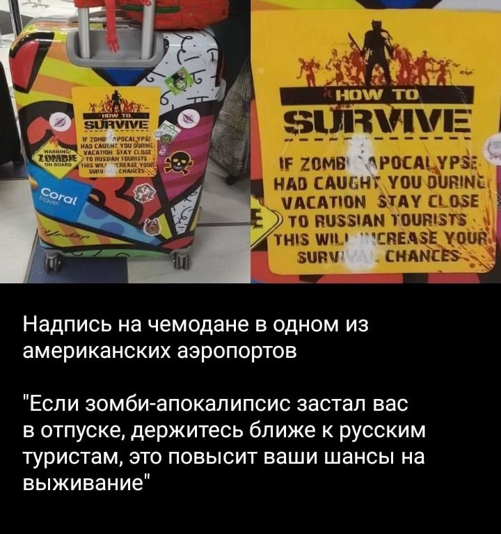 Надпись на чемодане В ОДНОМ ИЗ американских аэропортов Если зомби апокалипсис застал вас в отпуске держитесь ближе к русским туристам это повысит ваши шансы на выживание