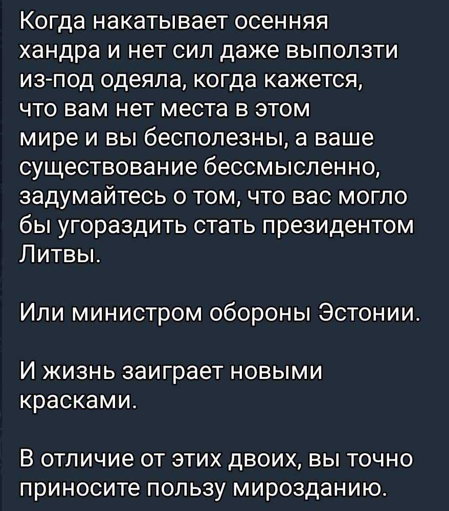 Когда накатывает осенняя хандра и нет сил даже выползти из под одеяла когда кажется что вам нет места в этом мире и вы бесполезны ваше существование бессмысленно задумайтесь о том что вас могло бы угораздить стать президентом Литвы Или министром обороны Эстонии И ЖИЗНЬ заиграет НОВЫМИ КРЭСКЭМИ В отличие от этих двоих вы точно приносите пользу мирозданию