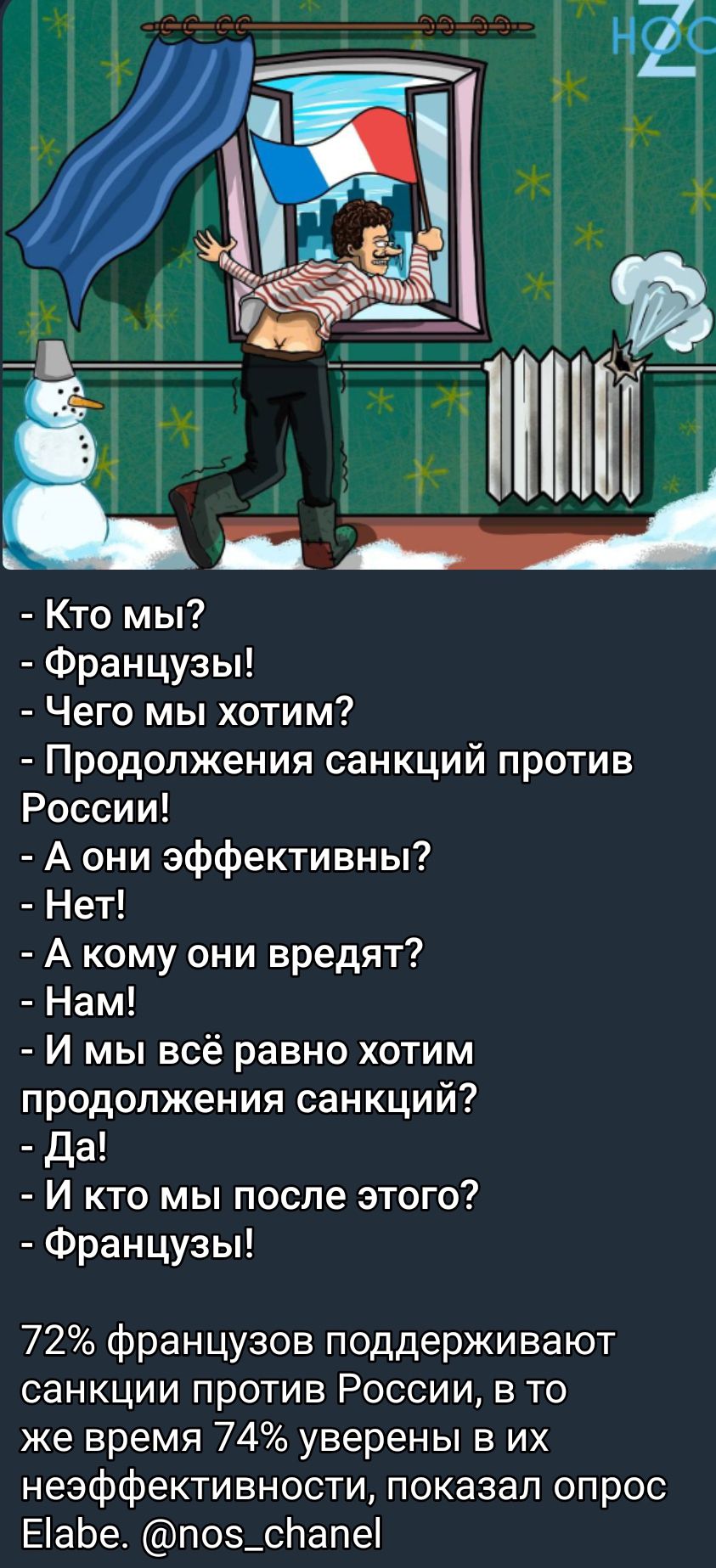 Кто мы Французы Чего мы хотим Продолжения санкций против России А они эффективны Нет А кому они вредят Нам И мы всё равно хотим продолжения санкций да И кто мы после этого Французы 72 французов поддерживают санкции против России в то же время 74 уверены в их неэффективности показал опрос ЕаЬе поз_спапе