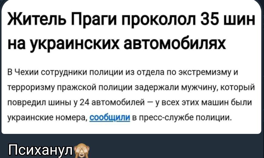 Житель Праги проколол 35 шин на украинских автомобилях в чехии сотрудники полиции из отдела по экстремизму и терроризму пражской полиции задержали мужчину который повредил шииы у 14 автомобилей у всех этих машии были уираиисиие ивмврв в пресвспужбе полиции