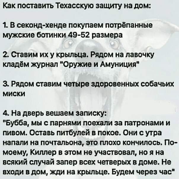 Как поспавигь Техасскую эацшту на дом 1 В векдид хвмдв покупаем пигрвпаниыв мужские ботинки 49 52 размера Ставим их у крыльца Рядом на лавочку кладём журнал Оружив и Амуиицил з Рядом ставим четыре здоровенных собачьих МИСКИ 4 На дверь вещаем записку Бубба мы с парнями поехали за патронами и пивом Оставь питбулей покое Они угра напали на пштапьпна т плохо кончилось По моему Киллер в этом не участво