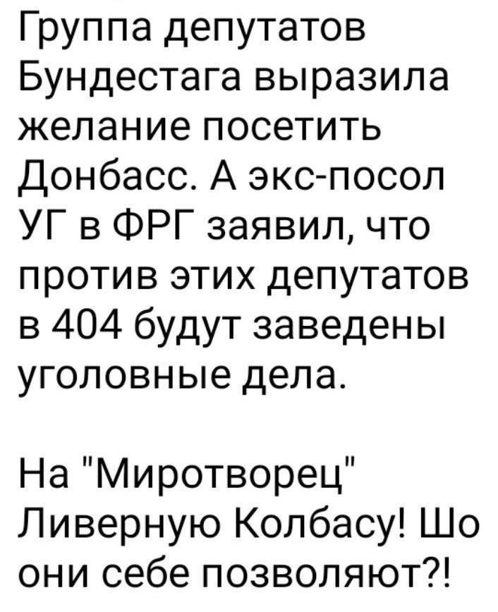 Группа депутатов Бундестага выразила желание посетить Донбасс А экс посол УГ в ФРГ заявил что против этих депутатов в 404 будут заведены уголовные дела На Миротворец Ливерную Колбасу Шо они себе позволяют