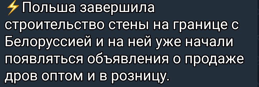 Польша завершила строительство стены на границе с Белоруссией и на ней уже начали появляться объявления о продаже дров оптом и в розницу