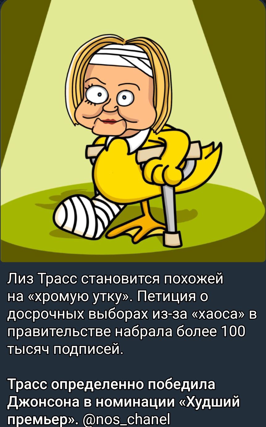 Лиз Трасс становится похожей на хромую утку Петиция о досрочных выборах из за хаоса в правительстве набрала более 100 тысяч подписей Трасс определенно победила Джонсона в номинации Худший премьер поз_слапе