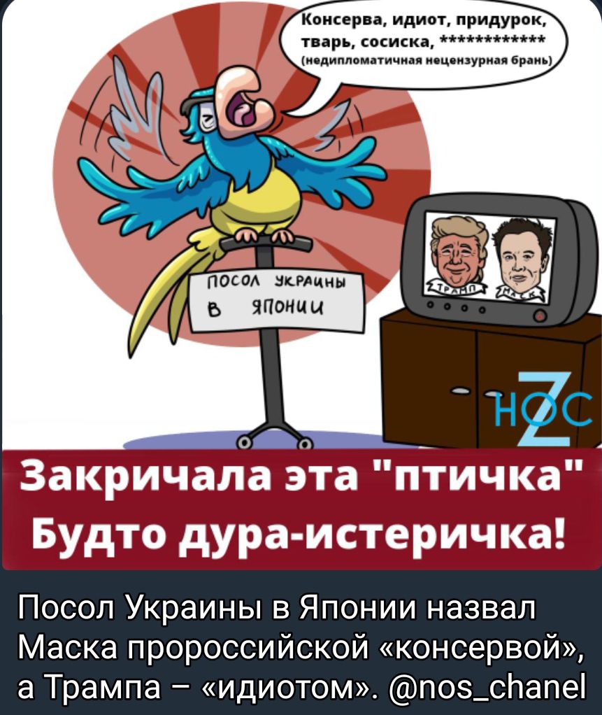 Будто дура истеричка Посол Украины в Японии назвал Маска пророссийской консервой а Трампа идиотом поз_спапе