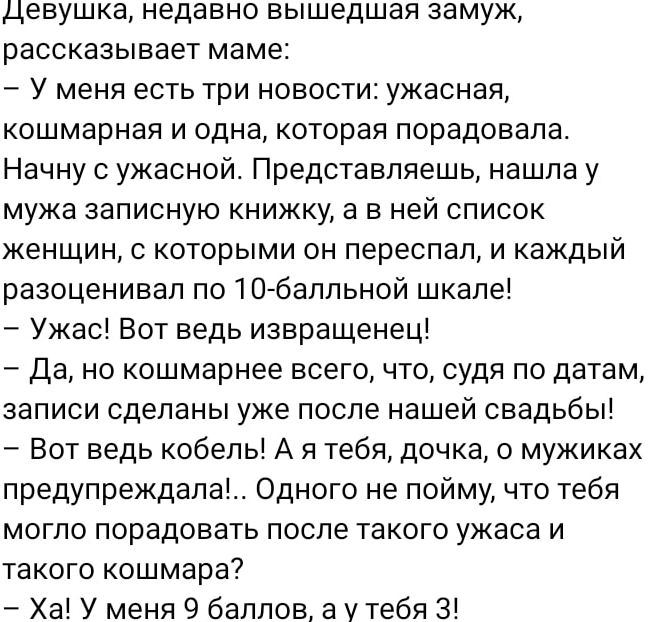 девушка недавно вышедшая замуж рассказывает маме У меня есть три новости ужасная кошмарная и одна которая порадовала Начну с ужасной Представляешь нашла у мужа записную книжку а в ней список женщин с которыми он переспал и каждый разоценивап ло1076алпьной шкале Ужас Вот ведь извращенец Да но кошмарнее всего что судя по датам записи сделаны уже после нашей свадьбы Вот ведь кобель А я тебя дочка о м
