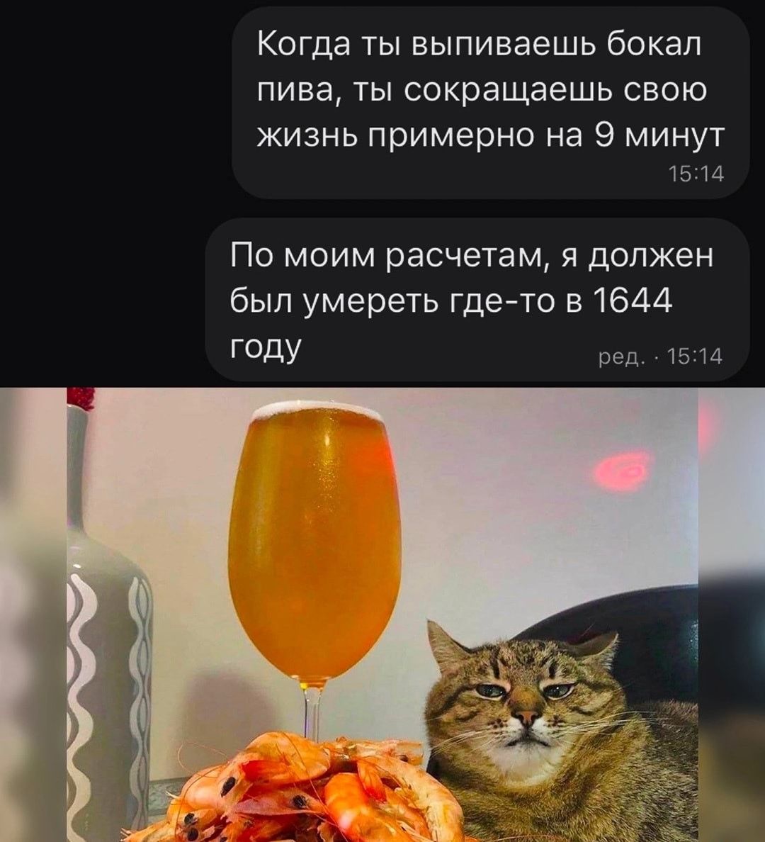 Когда ты выпиваешь бокал пива ТЫ сокращаешь СВОЮ жизнь примерно на 9 минут Нм По моим расчетам я должен был умереть гдето в 1644 ГОДУ реп ть ш