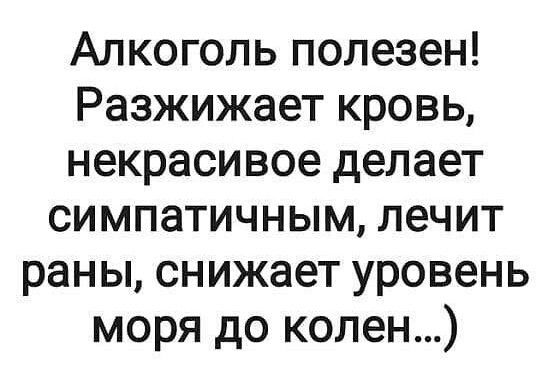 Алкоголь полезен Разжижает кровь некрасивое делает симпатичным лечит раны снижает уровень моря до колен