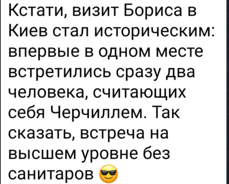 Кстати визит Бориса в Киев стал историческим впервые в одном месте встретились сразу два человека считающих себя Черчиллем Так сказать встреча на высшем уровне без санитаров б