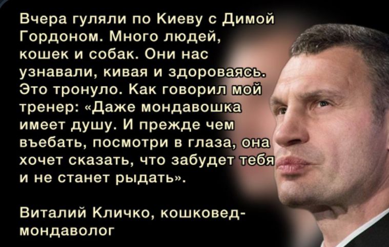 Вчера гуляли по Киеву дииой Гордоном Много людей кошек и собак Они мас узнавали кивал и здорова аш тронуло Как говорил тренер даже мондавошка имеет душу И прежде чем въвбачь посмотри в глаза од хочет сказать что забудет и не станет рыдать Виталий Кличко кошконед мондаволог