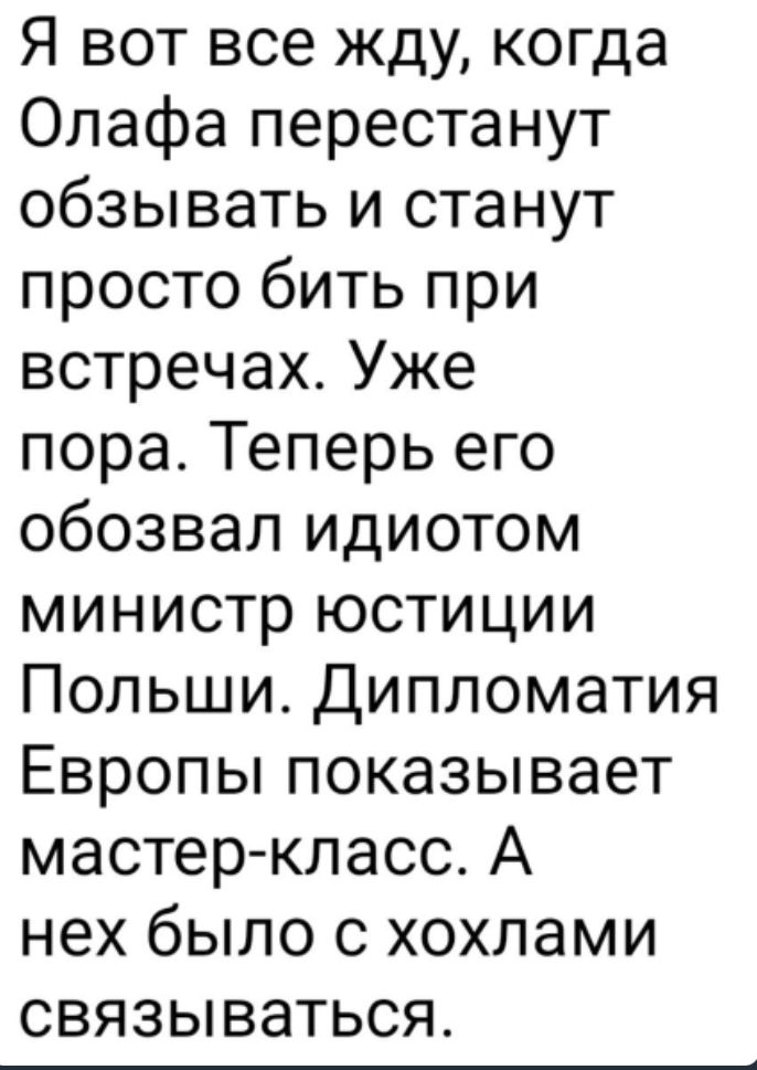 Я вот все жду когда Олафа перестанут обзывать и станут просто бить при встречах Уже пора Теперь его обозвал идиотом министр юстиции Польши Дипломатия Европы показывает мастер класс А нех было с хохлами связываться