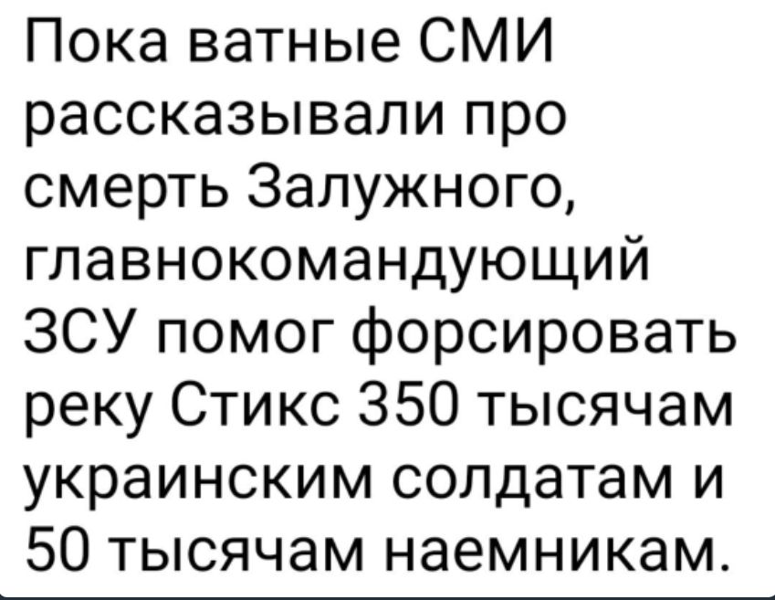 Пока ватные СМИ рассказывали про смерть Залужного гпавнокомандующий ЗСУ помог форсировать реку Стикс 350 тысячам украинским солдатам и 50 тысячам наемникам