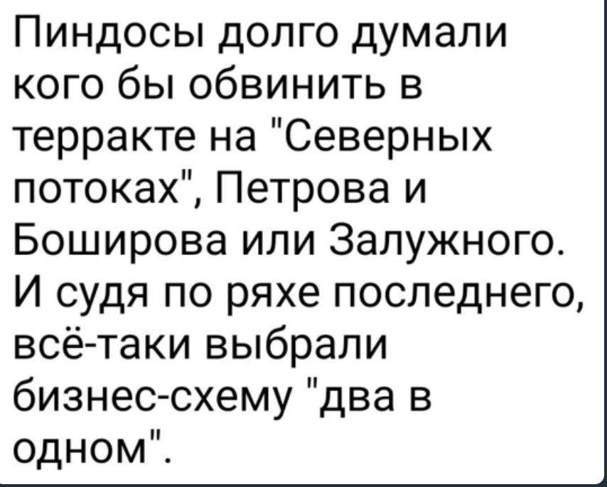 Пиндосы долго думали кого бы обвинить в терракте на Северных потоках Петрова и Боширова или Залужного И судя по ряхе последнего всётаки выбрали бизнес схему два в одном