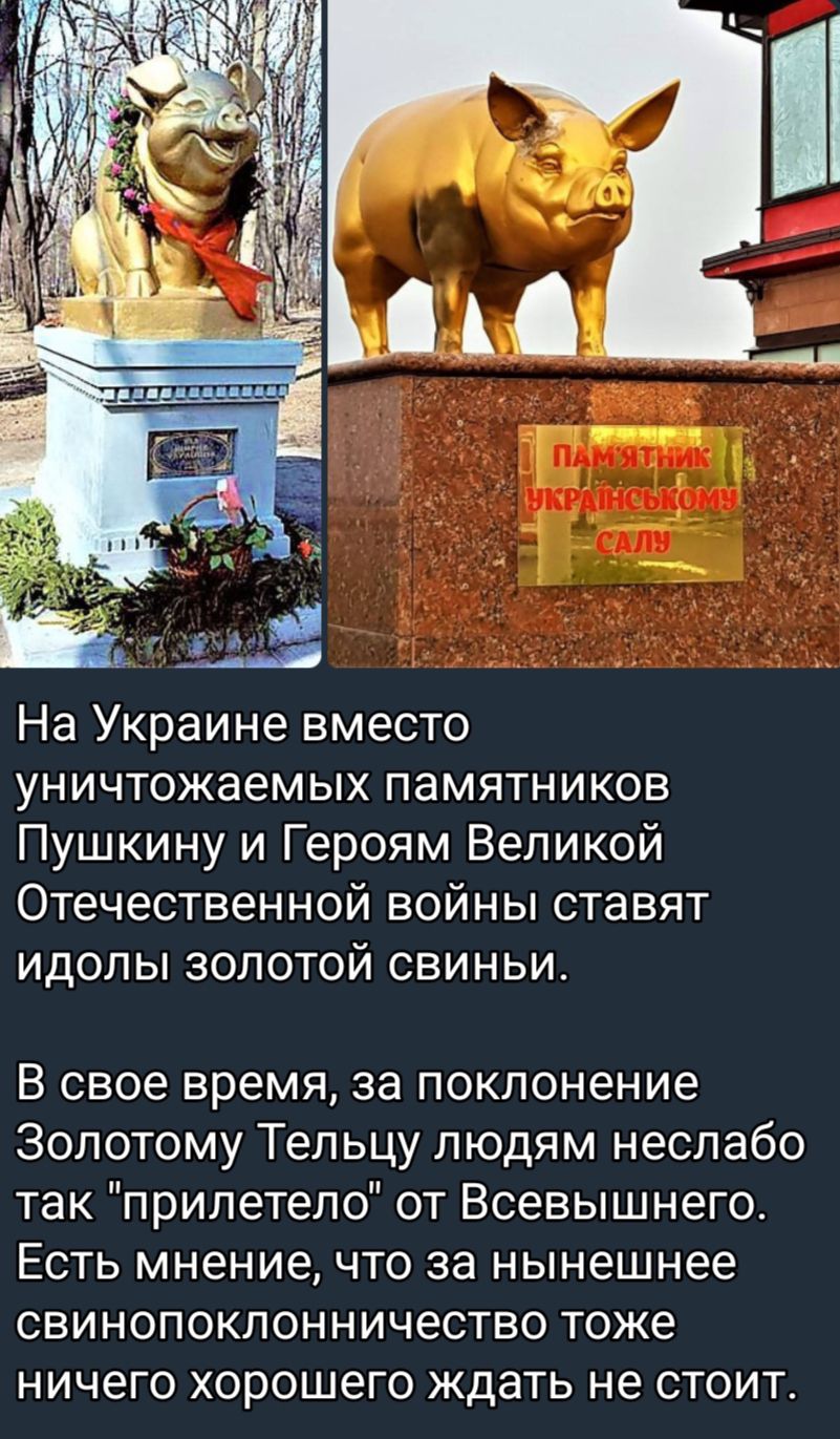 На Украине вместо уничтожаемых памятников Пушкину и Героям Великой Отечественной войны ставят идолы золотой свиньи В свое время за поклонение Золотому Тельцу людям неслабо так прилетело от Всевышнего Есть мнение что за нынешнее свинопоклонничество тоже ничего хорошего ждать не стоит