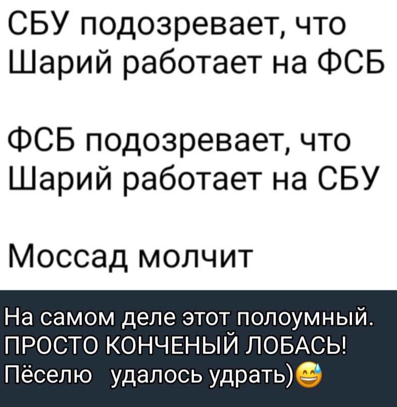 СБУ подозревает что Шарий работает на ФСБ ФСБ подозревает что Шарий работает на СБУ Моссад молчит На самом деле этот попоумный ПРОСТО КОНЧЕНЫЙ ЛОБАСЬ Пёсепю удалось удрать