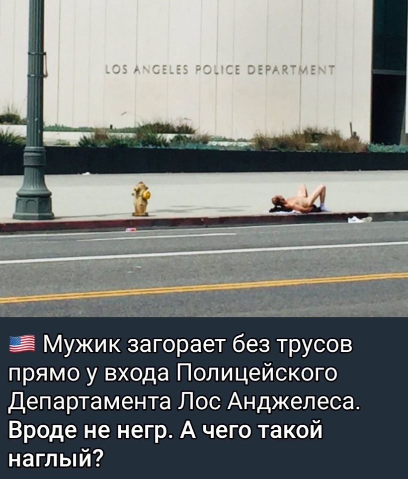 Мужик загорает без трусов прямо у входа Полицейского департамента Лос Анджелеса Вроде не негр А чего такой наглый
