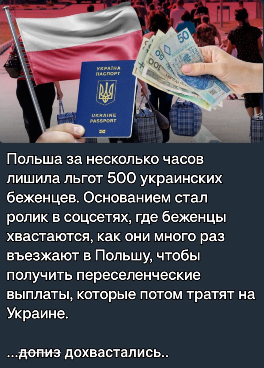 П Польша за несколько часов лишила льгот 500 украинских беженцев Основанием стал ролик в соцсетях где беженцы хвастаются как они много раз въезжают в Польшу чтобы получить переселенческие выплаты которые потом тратят на Украине дохвастапись