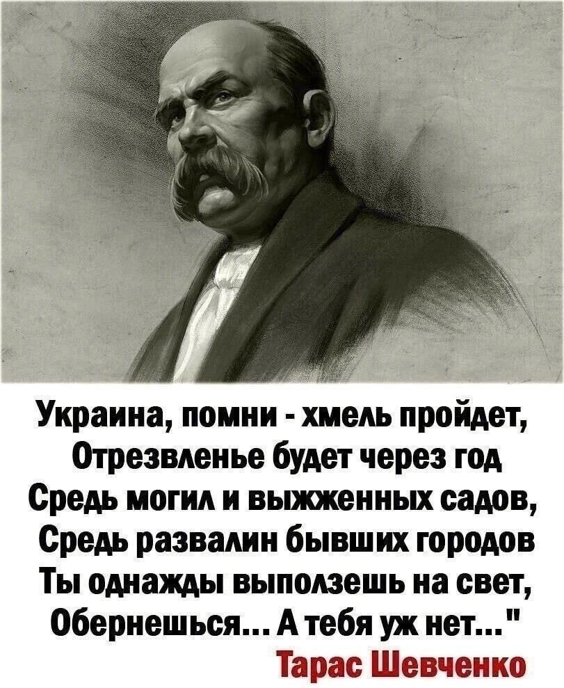 Украина помни хмель пройдет Отрезвленье будет через год Средь ноги и выжженных садов Средь развалин бывших городов Ты однажды выподзешь на свет Обернешься А тебя уж нет Тарас Шевченко
