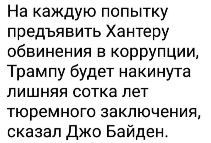 На каждую попытку предъявить Хантеру обвинения в коррупции Трам пу будет накинута лишняя сотка лет тюремного заключения сказал Джо Байден