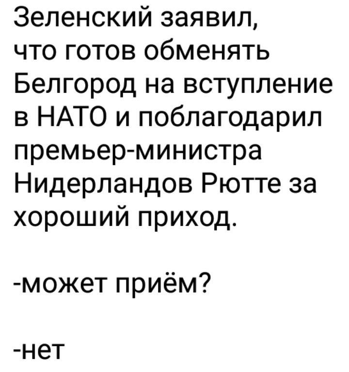 Зеленский заявил что готов обменять Белгород на вступление в НАТО и поблагодарил премьер министра Нидерландов Рютте за хороший приход может приём Н ет