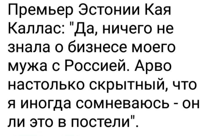 Премьер Эстонии Кая Каллас Да ничего не знала о бизнесе моего мужа с Россией Арво настолько скрытный что я иногда сомневаюсь он ли это в постели