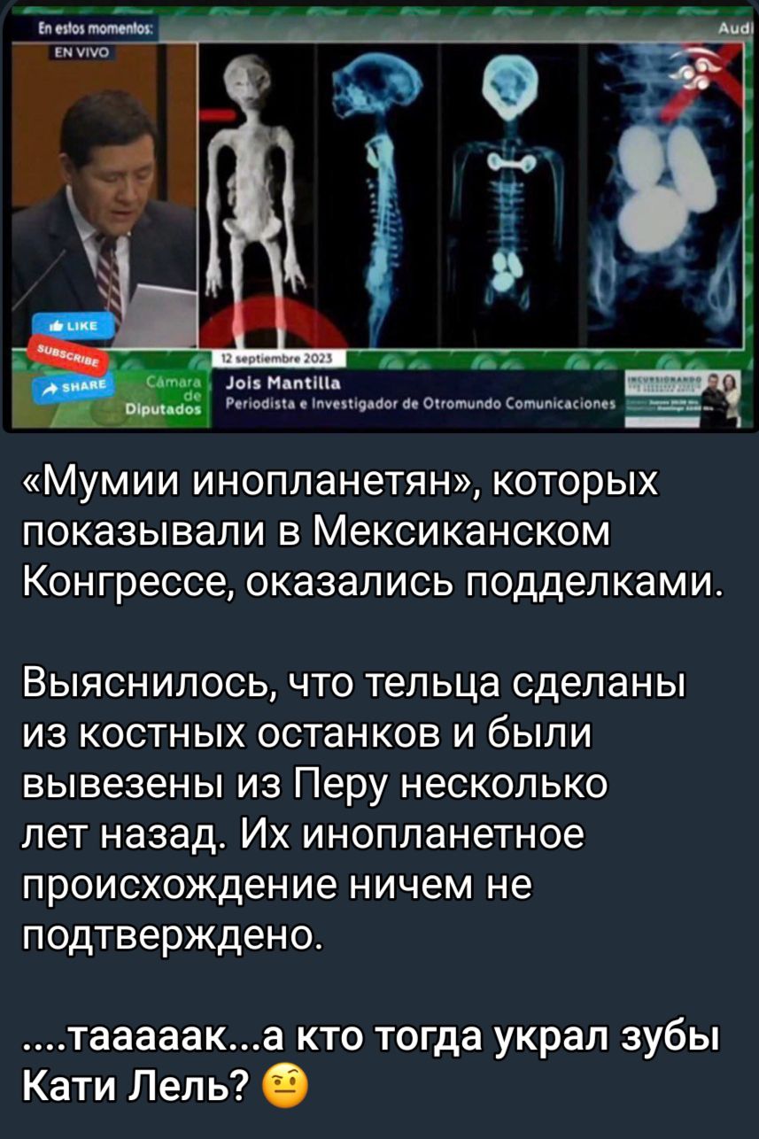 Мумии инопланетян КОТОРЫХ ПОКЭЗЫВаПИ В Мексиканском Конгрессе оказались подделками ВЫЯСНИЛОСЬ ЧТО Тельца сделаны ИЗ КОСТНЫХ останков И бЫЛИ вывезены ИЗ Перу НЕСКОЛЬКО лет назад ИХ ИНОПЛЭНЭТНОЭ происхождение ничем не подтверждено тааааака кто тогда украл зубы Кати Лель